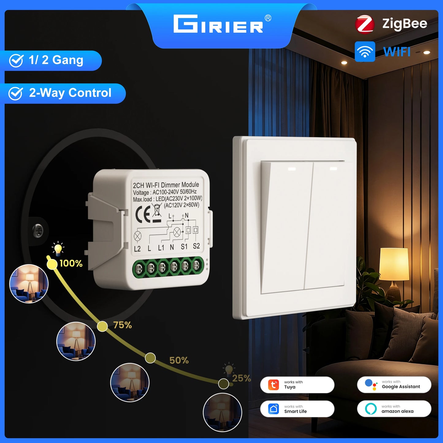 GIRIER Tuya Smart ZigBee 3.0 Dimmer Switch Module WiFi Breaker Relay for Dimmable Bulb Supports 2-way Control Works with Alexa