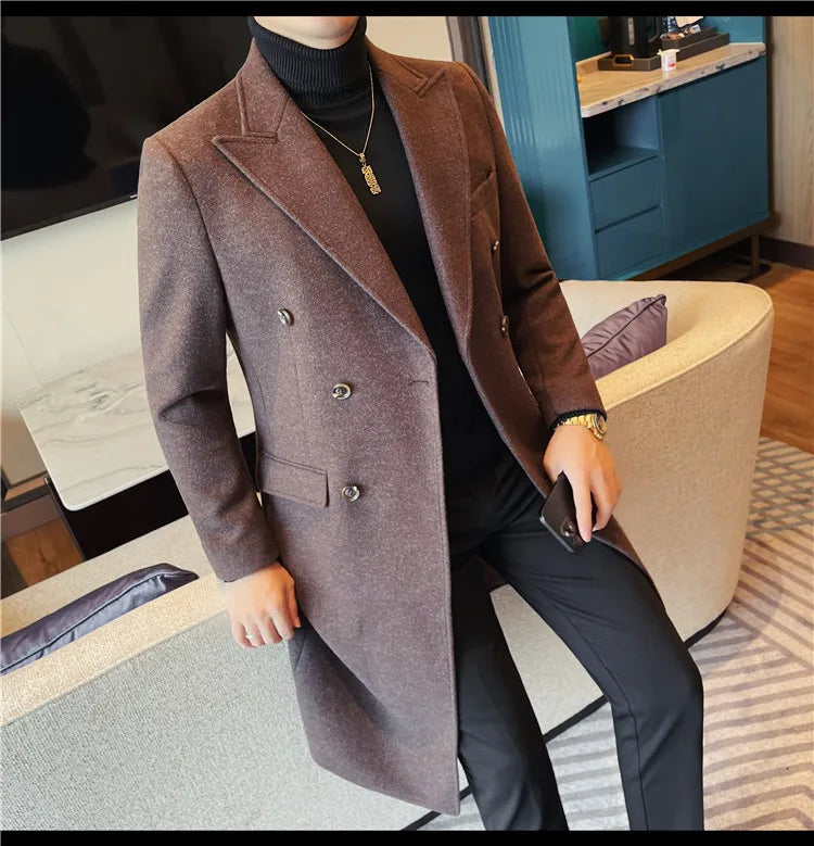 Autumn Winter Vintage Men's Woolen Long Coat Fashion Lapel High Quality Double Breasted Formal Men Slim Fit WindBreaker Overcoat