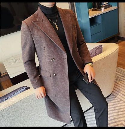 Autumn Winter Vintage Men's Woolen Long Coat Fashion Lapel High Quality Double Breasted Formal Men Slim Fit WindBreaker Overcoat