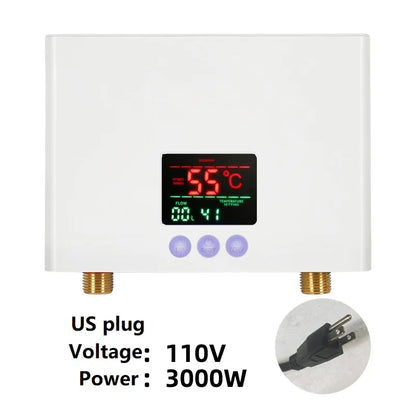 110V 220V Instant Water Heater Kitchen Bathroom Wall Mounted Electric Water Heater Hot Water Shower with LCD Temperature Display