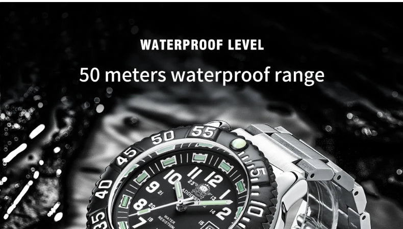 Addies Dive Men Fashion Casual Watch Calendar Display 50m Waterproof Tube Luminous Watch Black Dial Rotating Bezel Quartz Watch