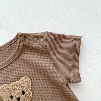 Cotton Romper Gift Hat with Ear New In Summer Kids Baby Girls Boys Short Sleeve Waffle Patch Bear Infant Newborn Jumpsuits