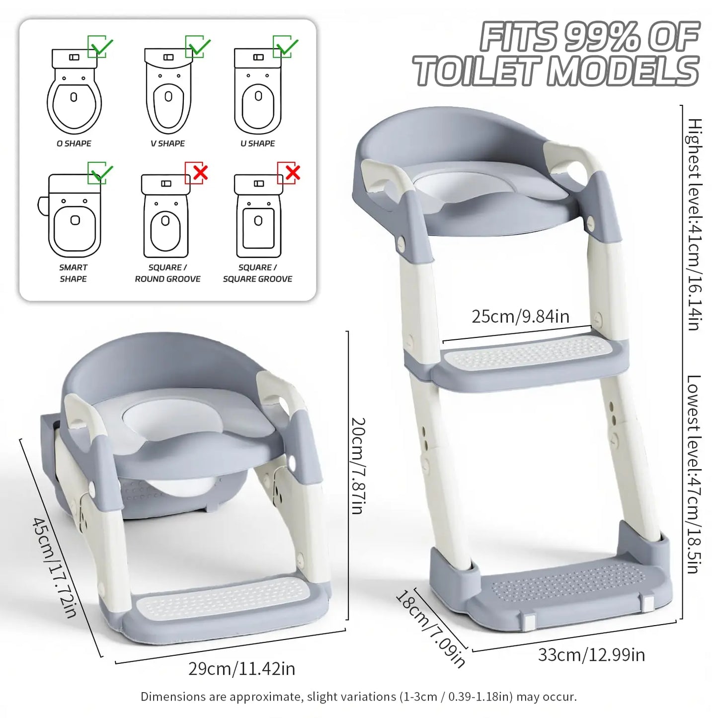 2-in-1 Toddler Toilet Ladder Seat – Adjustable Potty Training Seat with Non-Slip Steps & Anti-Slip Pads, Foldable for Boys & Girls, Bathroom Toilet Trainer (Grey Green Purple)