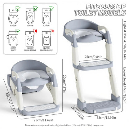 2-in-1 Toddler Toilet Ladder Seat – Adjustable Potty Training Seat with Non-Slip Steps & Anti-Slip Pads, Foldable for Boys & Girls, Bathroom Toilet Trainer (Grey Green Purple)