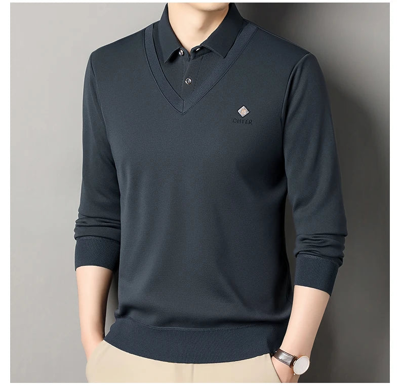 Men's Fleece Lined Sweater Polo Collar Pullover Tops Fashion Business Causal Pullovers Korean Slim Fit Thick Winter Clothes