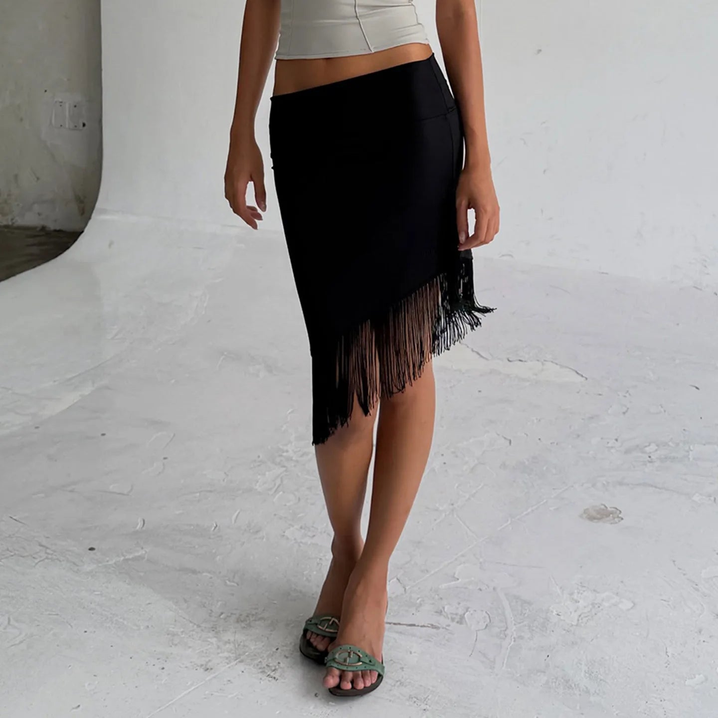 European American Low Rise Elegant One Piece Tassel Skirt Knitted Irregular Strap Wrapped Mid Length Skirt