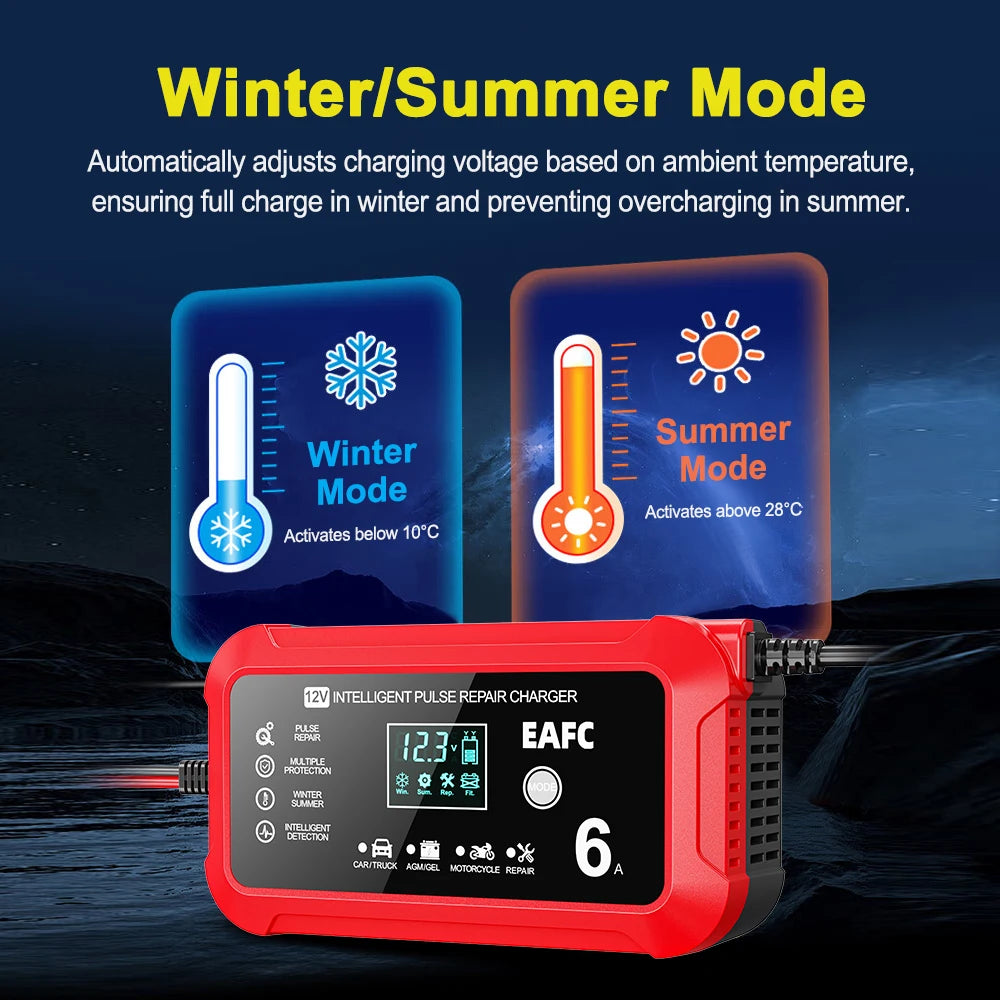 Car Battery Charger 6A 12V Car and Motorcycle Battery Charging Device Lead-acid Battery Smart Repair LCD Display