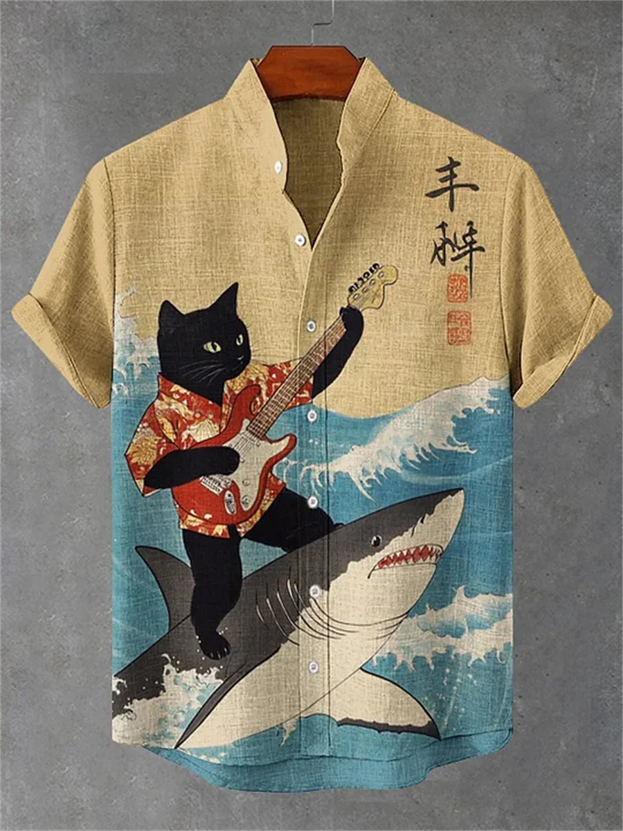 Men's short-sleeved shirt with cat and dinosaur print, casual and stylish vacation-style men's top, fashionable Hawaiian design.