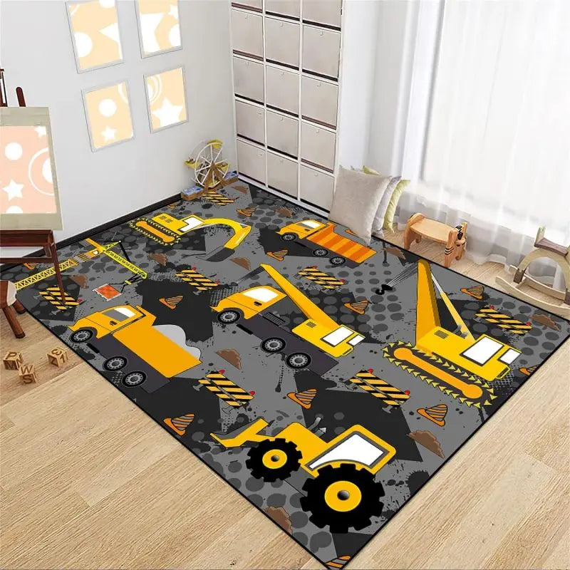 Construction Car Print Area Rug Washable Carpets for Kids Bedroom Living Room Kitchen Entrance Mat Non Slip Flannel Mats