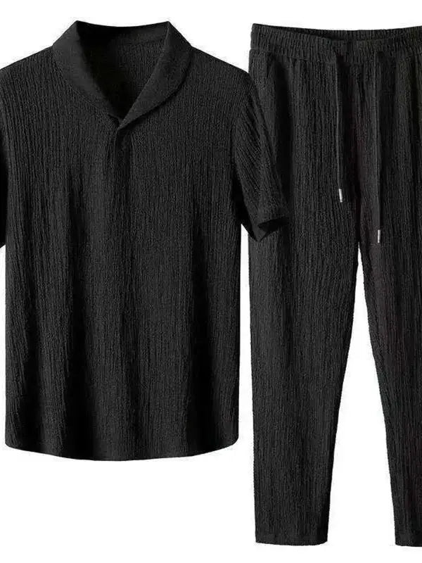 Summer Linen Set Men's Short Sleeve T-Shirt Tang Suit Style Casual Men's Wear Complete Set Lightweight Ice Silk Material
