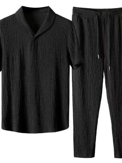 Summer Linen Set Men's Short Sleeve T-Shirt Tang Suit Style Casual Men's Wear Complete Set Lightweight Ice Silk Material