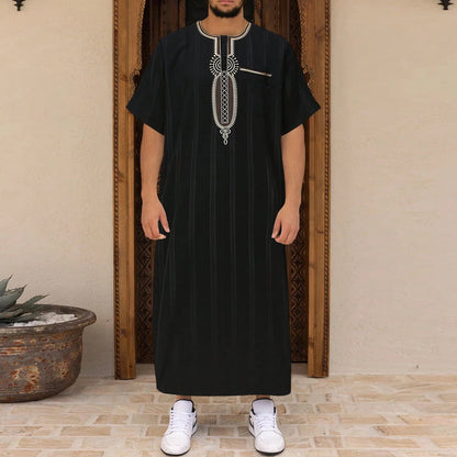 Men's Ethnic Pattern Embroidery Zipper Hooded Robe Traditional Long Sleeve Pocket Jubba Thobe for Daily Wear Man Islamic Thobe
