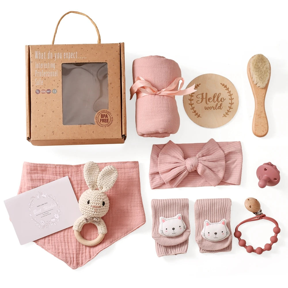 Newborn Bath Set Baby Towel Cotton Blanket Pacifier Chain Bracelet Crochet Rattle Toy Newborn Birth Bath Towel Gift Box