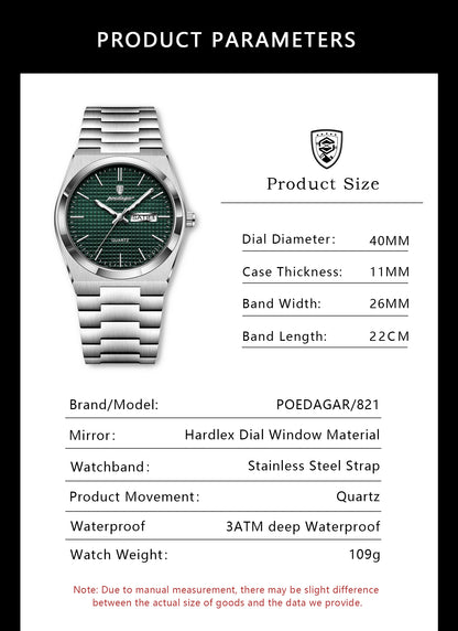 POEDAGAR Luxury Original Man Watch Waterproof Stainless Steel Luminous Men's Wristwatch Date Week Quartz Fashion Watches For Men