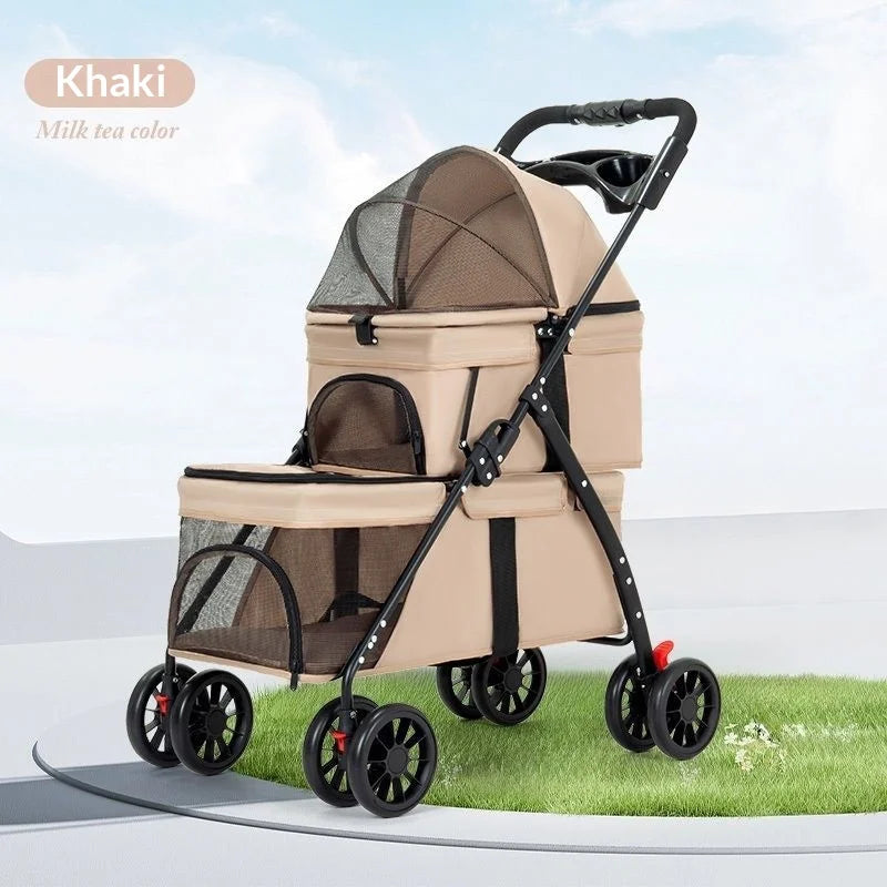 Dual‑Layer Pet Stroller Foldable Travel Dog Cat Cart Breathable Mesh Wagon with Cup Holder Storage Bag for Small Animals