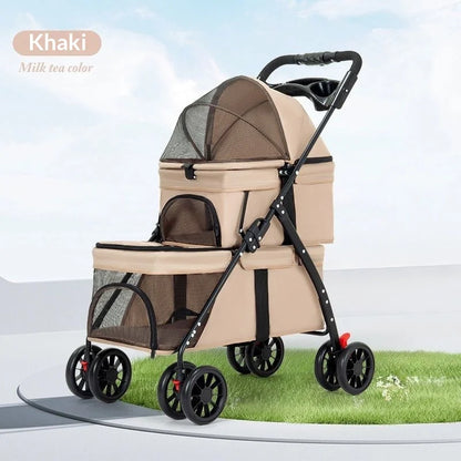 Dual‑Layer Pet Stroller Foldable Travel Dog Cat Cart Breathable Mesh Wagon with Cup Holder Storage Bag for Small Animals