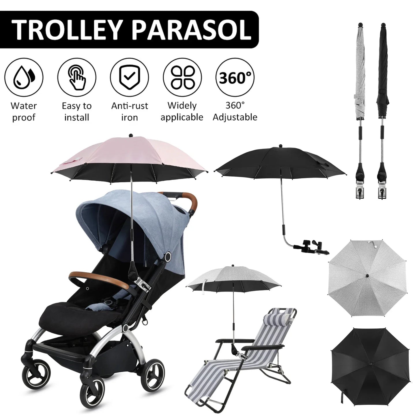 Universal Sun Umbrella for Baby Stroller UV Protection Pram Umbrella 360° Adjustable Rainproof and Windproof Sunshade Parasol