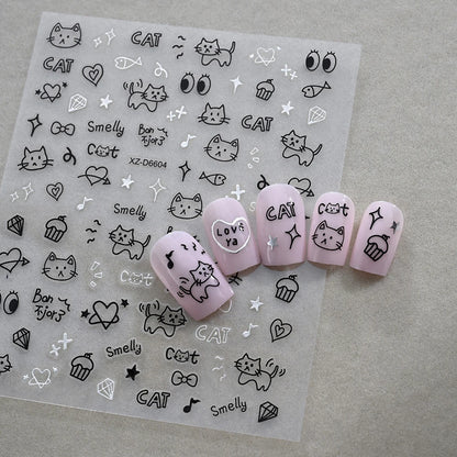 12pcs/set Cute Cartoon Dog/Cat Nail Art Stickers 3D Graffiti Black Cat Dog  Nail Decals 8*10cm Self-Adhesive Cartoon Nail Art Su