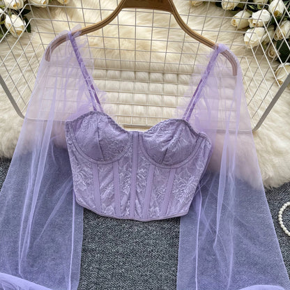 Women Chic Lace Mesh Sheer  Long Sleeve Backless Crop Top Solid Slim Sexy Korean Fashion Summer Women Shirt Square Collar
