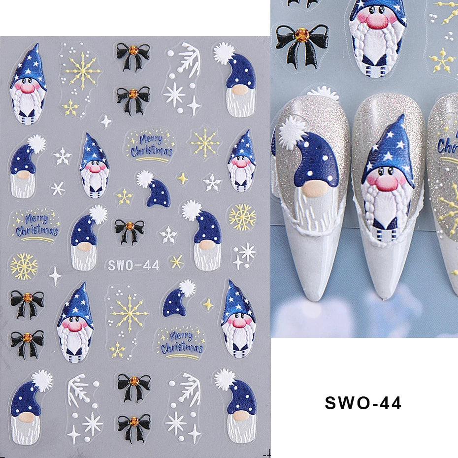 5D Embossed Christmas Nail Stickers Gingerbread Man Snowflake Snowman Penguin Nail Decal Autumn Winter Nail Supplies Decoration