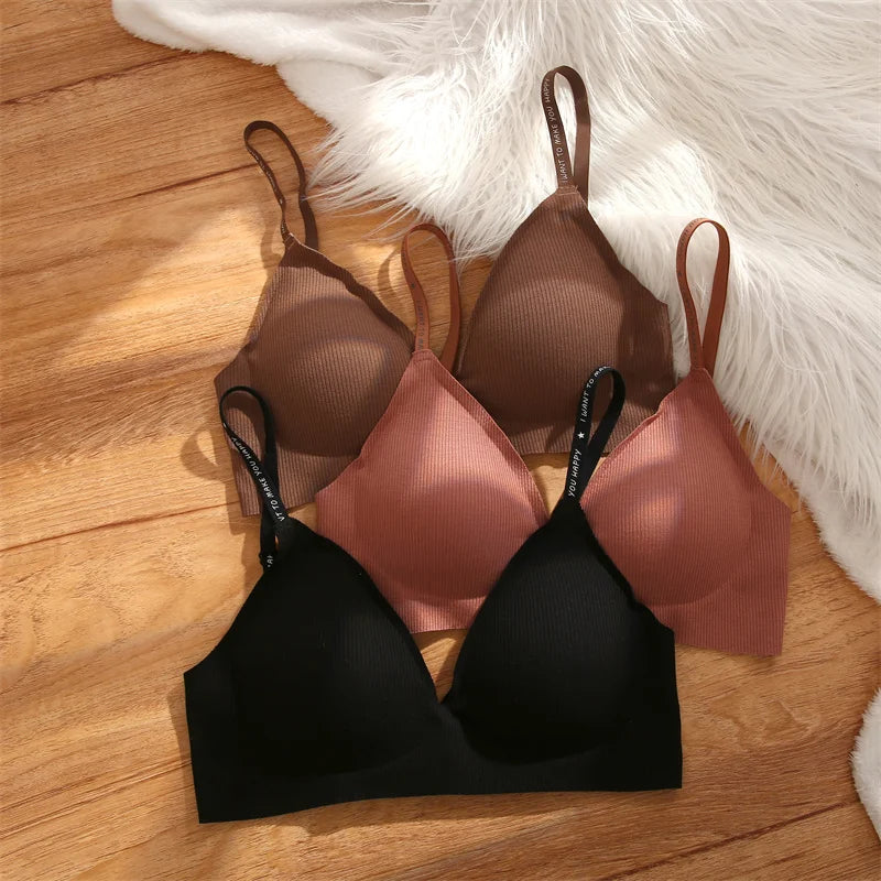 FINETOO Women Wireless Bra Deep V Padded Bralette S-XL Trendy Stripe Knitting Bras Sexy Ladies Brassiere Solid Underwear 6 Color
