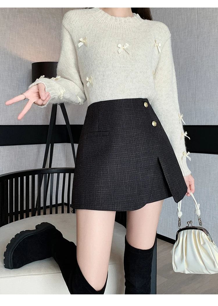 Autumn Winter Tweed Skirts Shorts Women Fashion Streetwear Cross Irregular Booty Shorts Pink Black Culottes Wide Leg Short Pants