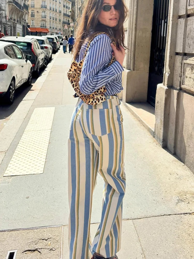 Casual Striped Women's Jeans Mid-rise Single Button Pockets Lady Curved-leg Pants 2026 Spring Summer Fashion Female Trousers