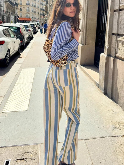 Casual Striped Women's Jeans Mid-rise Single Button Pockets Lady Curved-leg Pants 2026 Spring Summer Fashion Female Trousers