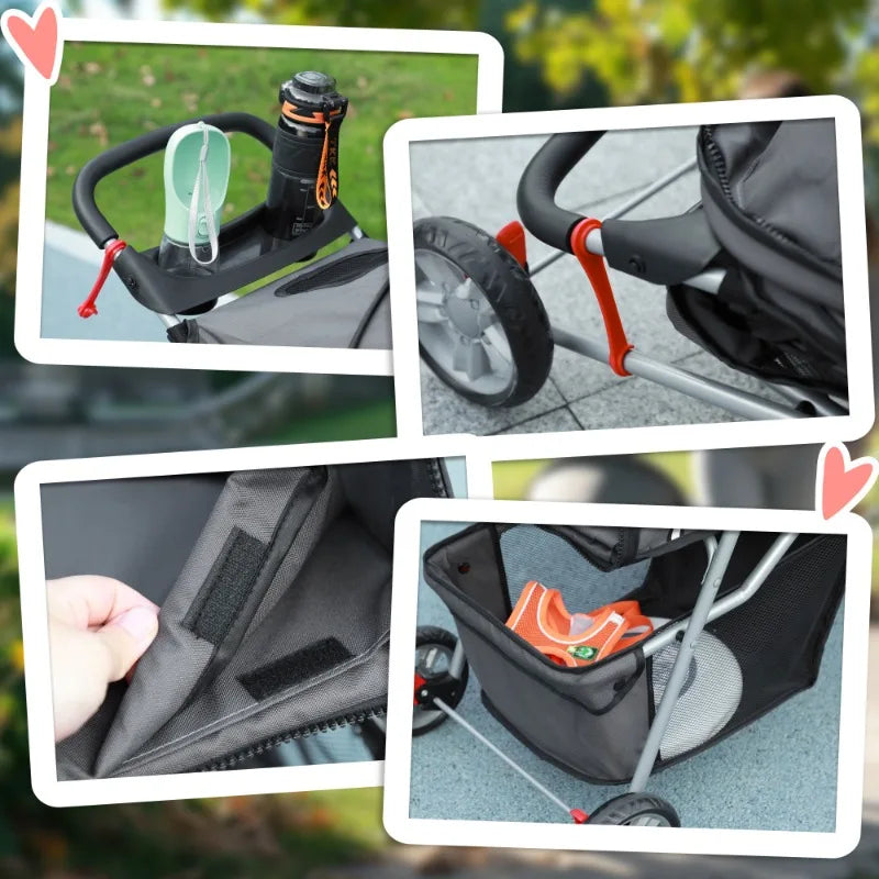 3 Wheel Pet Stroller for Small Dogs and Cats, Foldable Travel Pram with Breathable Mesh and Storage Bag, Sturdy Steel Frame for Walking, Charcoal Grey, 75x45x97 cm, Sturdy, Lightweight, Comfortable, Safe, Space Saving