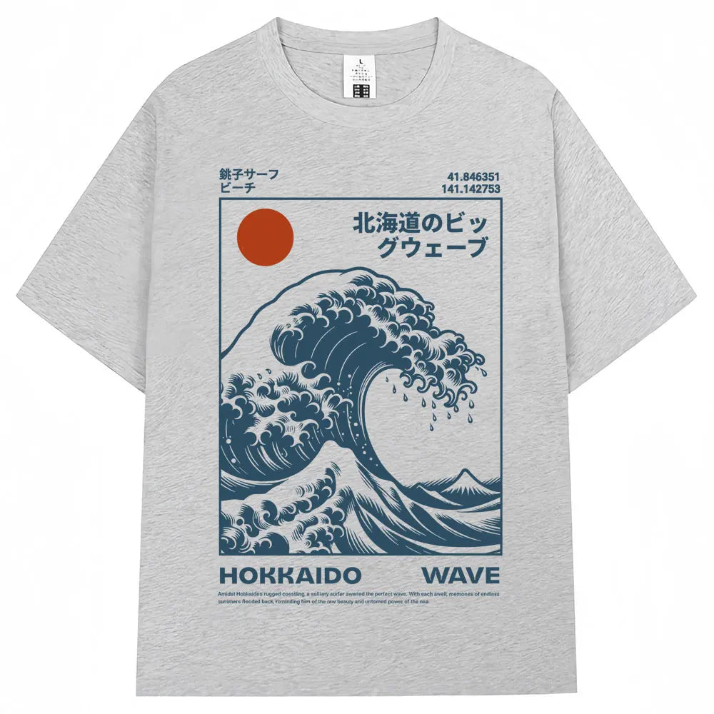 Japanese Style Hokkaido Wave Vintage T-shirt Men Women Harajuku Fashion High Quality T Shirts Oversized Cotton Summer Tee Shirt