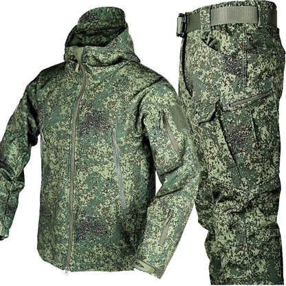 Winter Thicken Men Camo Suit Waterproof Tactical Training Set Multi-pocket Hooded Jacket Fleece Pants Outdoor Hunting 2-piece