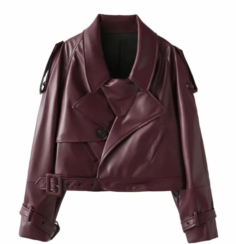 Vintage Lapel Leather Biker Jacket Women Bomber Jacket Short Coat Streetwear Zip Long Sleeve Windproof Outerwear Black Wine Red