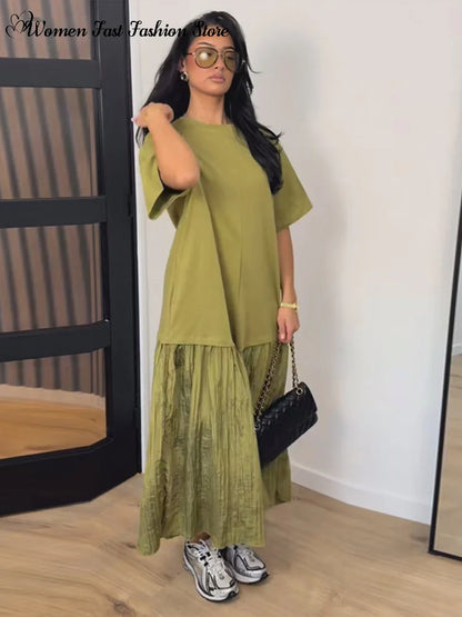 2026 Summer New Loose Patchwork Dresses Women's Pleated Fashion Short Sleeve O-neck Long Robes Female Elegant Casual Dress