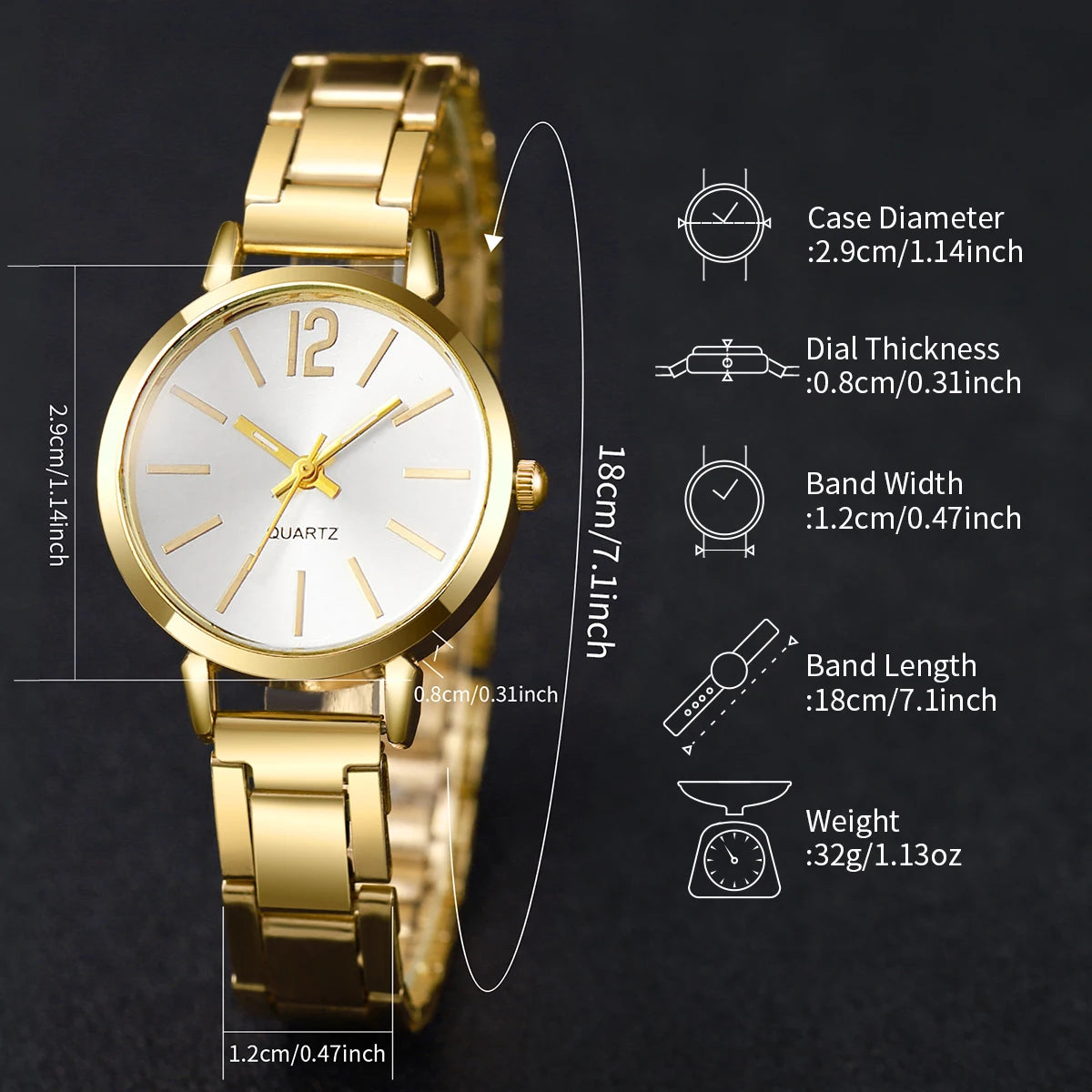 6PCS Women Watch Jewelry Set - Fashion Quartz Watch + Crystal Infinity Bracelet Necklace Earring Ring for Ladies（Without Box）