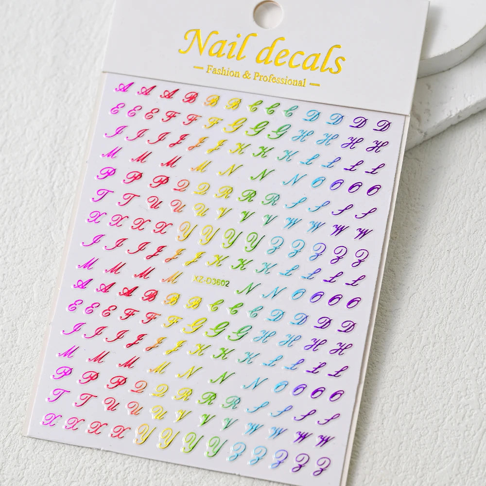 1Pc 3D Roman Letter Nail Stickers Gold/Silver/Black/Laser Alphabet Self Adhesive Decal Y2K English Words/Number Manicure Sliders