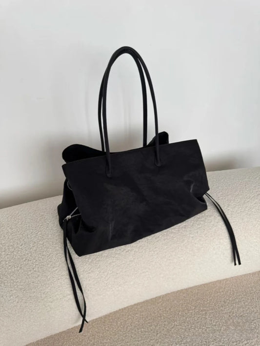 Women's Solid Black Cool Tote Bag 2025 New Fashion Simple Nylon Large Capacity Commuter Double Zipper Compartment HandBags