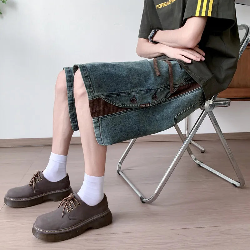 Mens Loose Fit Summer Denim Shorts Elastic Waist Washed Blue Side Personality Design Casual Comfortable Fashion Trendy Outdoor