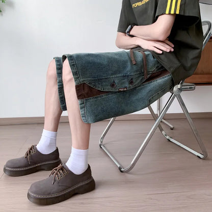 Mens Loose Fit Summer Denim Shorts Elastic Waist Washed Blue Side Personality Design Casual Comfortable Fashion Trendy Outdoor