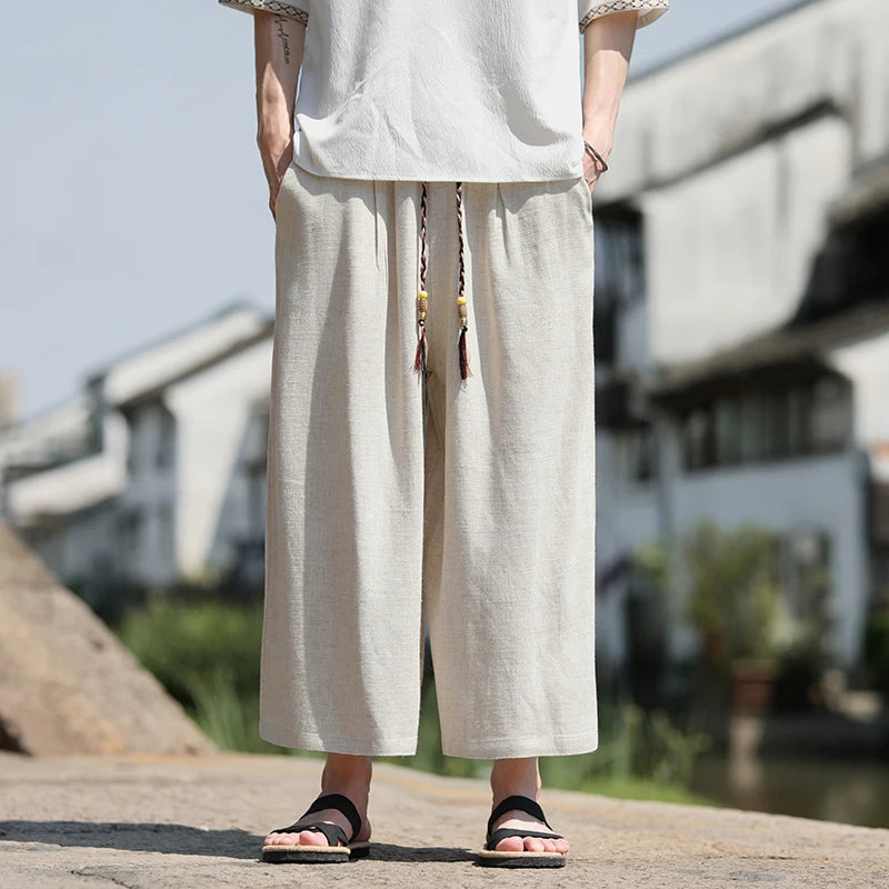 Men Loose Fit Shorts Summer Breathable Casual Pants Wide Leg Linen Cotton Plus Size5XL Comfortable Outdoor Harajuku Trousers Men