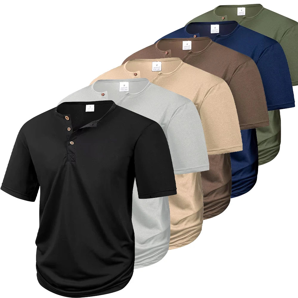 Men's Casual  Henry T Shirt Summer Brown Button Solid Color Polo Short Sleeve Breathable Comfortable Sports Loose T-shirt