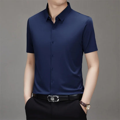 Men's Business Casual Solid Color Short Sleeve Shirt Summer Fashion No Ironing Comfortable Versatile Top for Men