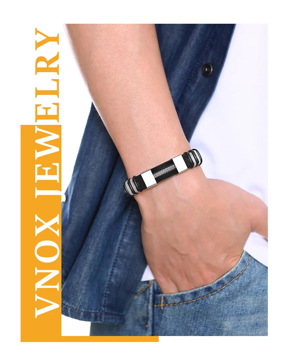 Vnox Stainless Steel Bracelet Men Wrist Band Black Grooved Rudder Silicone Mesh Link Insert Punk Wristband Stylish Casual Bangle
