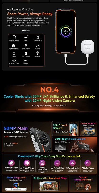 Blackview OSCAL PILOT 3 5G Mobile Phones AI Rugged Smartphone MTK 6300, 6.78' 2.4K Display 120Hz, 12GB 256GB, 7500mAh Phones