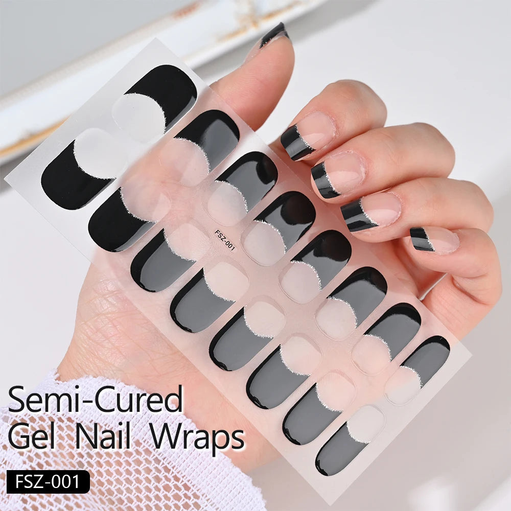 1Sheet Cured Gel Nail Strips Sticker Long-Lasting Nail Polish Strips Wraps Full Cover Gel Nail Art Stickers UV/LED Lamp Required