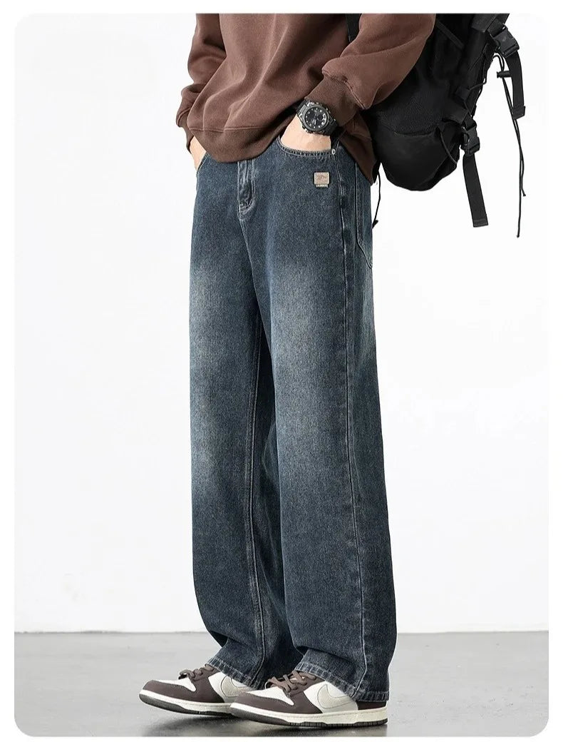 Spring Autumn American Retro Straight Jeans Men Streetwear Korean Fashion Loose Baggy Wide Leg Denim Pants Male Casual Trousers