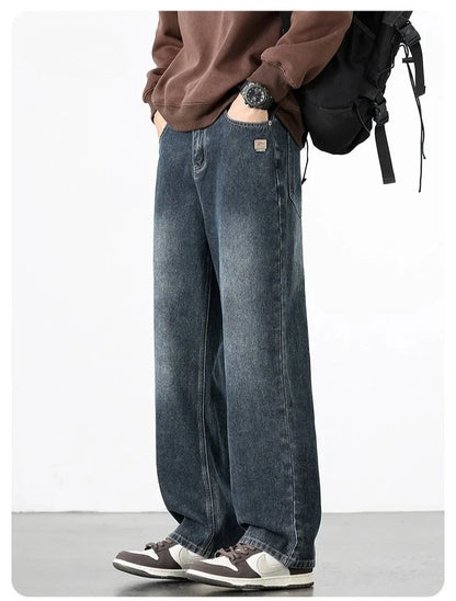 Spring Autumn American Retro Straight Jeans Men Streetwear Korean Fashion Loose Baggy Wide Leg Denim Pants Male Casual Trousers