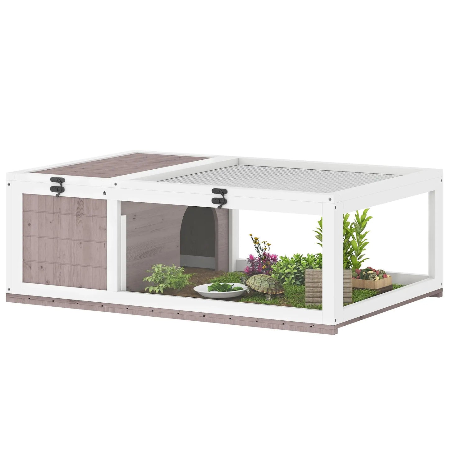 Wood Turtle House 91x60.5x32 cm with net blanket & removable transparent side panels for indoor and outdoor