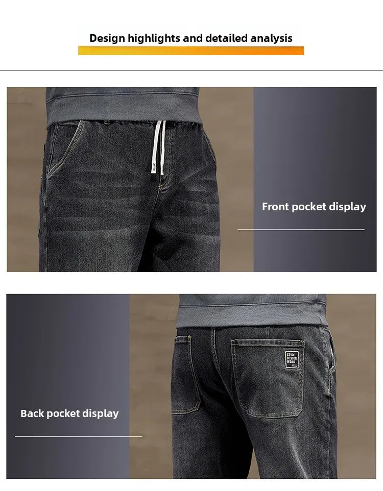 Extra Big Size Jeans Men High Elastic Waist Baggy Denim Pant Male Plus Large Loose Slim Fit Cowboy Trouser 8XL 6XL Classic Black