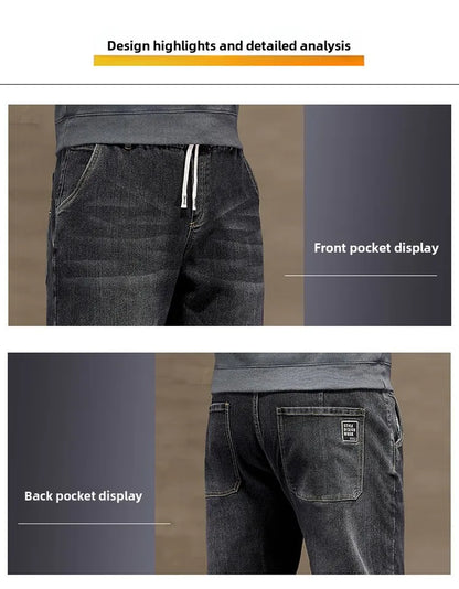 Extra Big Size Jeans Men High Elastic Waist Baggy Denim Pant Male Plus Large Loose Slim Fit Cowboy Trouser 8XL 6XL Classic Black
