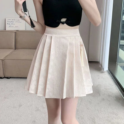 2025 Summer Female Plus Size Elastic Waist Skirts Women High Waisted Pleated Short Dress Lady Chic Designer Solid Printed Skirts